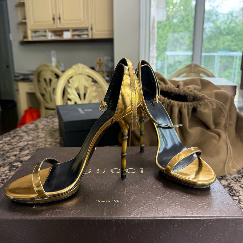 Gucci Open Toe Gold with Bamboo heels